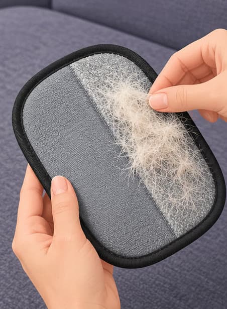 Dos dedos despegando el pelo de la cara gris del guante