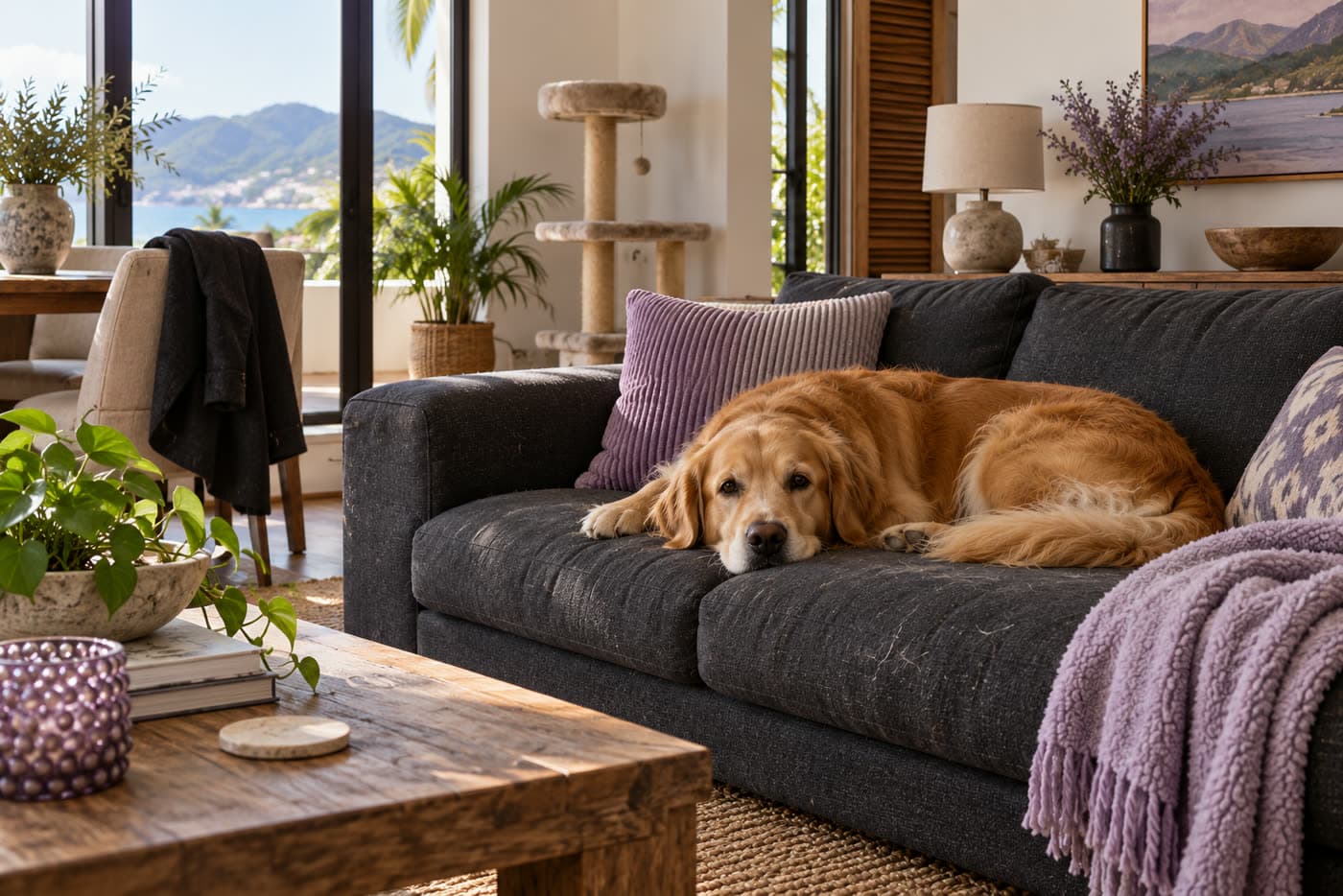 Sala con sofá de tela, cobija, abrigo y un perro